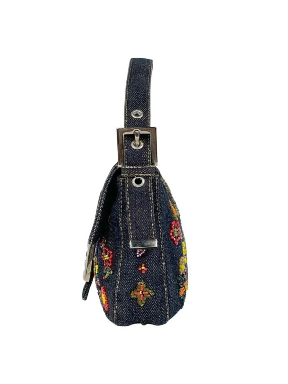 Fendi Zucca Pattern Mamma Baguette Beads Embroidery Shoulder Bag Denim Navy - Picture 2 of 15